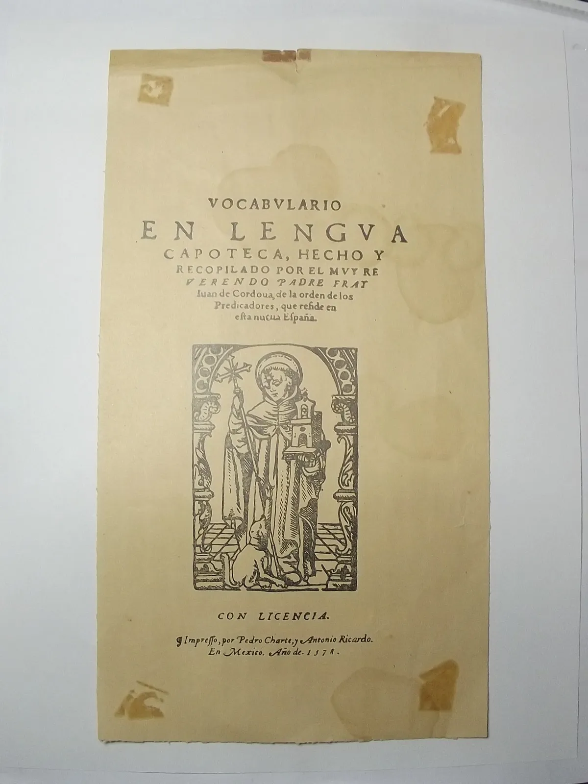 Hoja del Vocabulario en lengua zapoteca