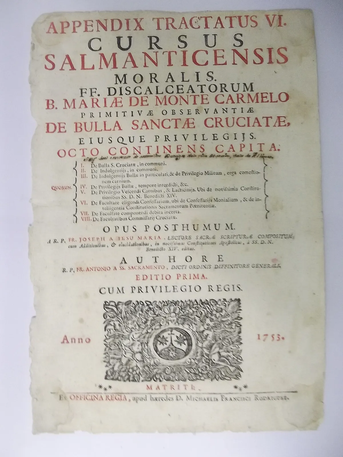 Appendix Tractatus VI. Cursus Salmanticensis