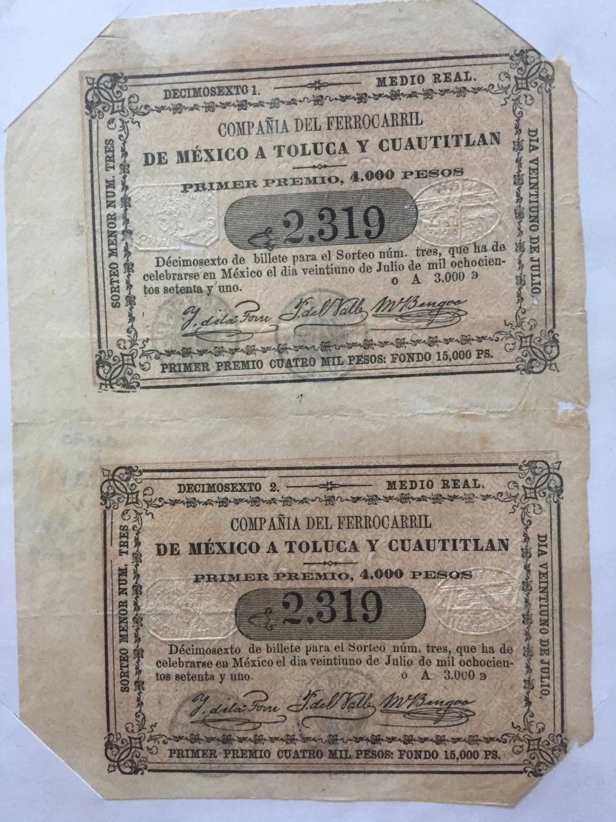 Boletos de rifa del Ferrocarril de México a Toluca, 1871